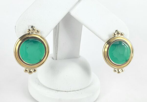 14k Yellow Gold Green Stone Intaglio Leverback Drop Earrings 7/8'' - Image 4