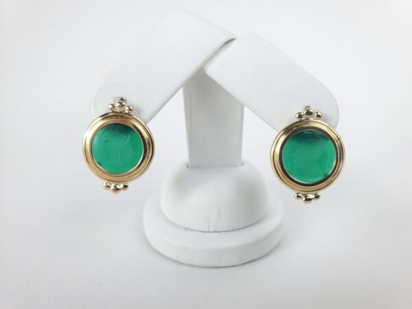 14k Yellow Gold Green Stone Intaglio Leverback Drop Earrings 7/8'' - Image 5
