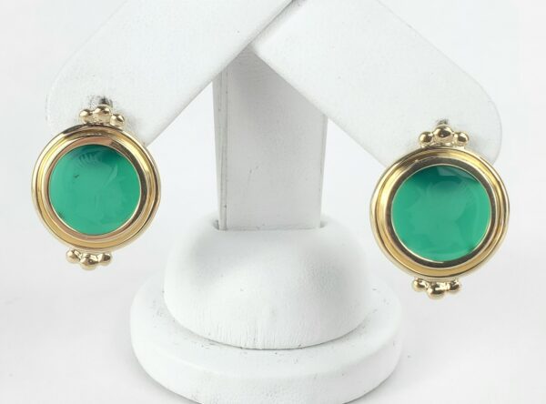 14k Yellow Gold Green Stone Intaglio Leverback Drop Earrings 7/8''
