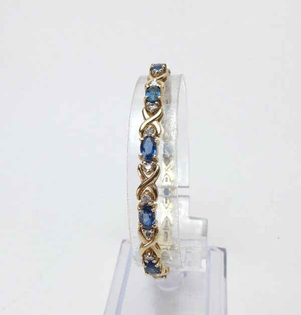 14k Yellow Gold Natural Blue Sapphire Diamond X Link Infinity Tennis Bracelet - Image 3