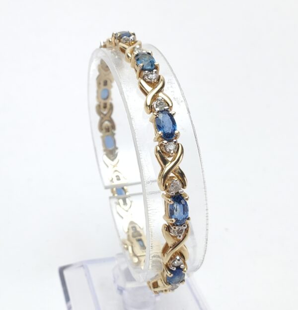14k Yellow Gold Natural Blue Sapphire Diamond X Link Infinity Tennis Bracelet - Image 5