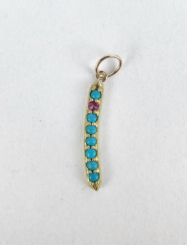 14k Yellow Gold Turquoise Ruby Granulated Feather Stick Style Drop Pendant 1 1/8 - Image 3