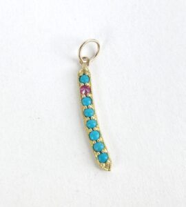 14k Yellow Gold Turquoise Ruby Granulated Feather Stick Style Drop Pendant 1 1/8