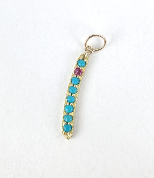 14k Yellow Gold Turquoise Ruby Granulated Feather Stick Style Drop Pendant 1 1/8 - Image 4