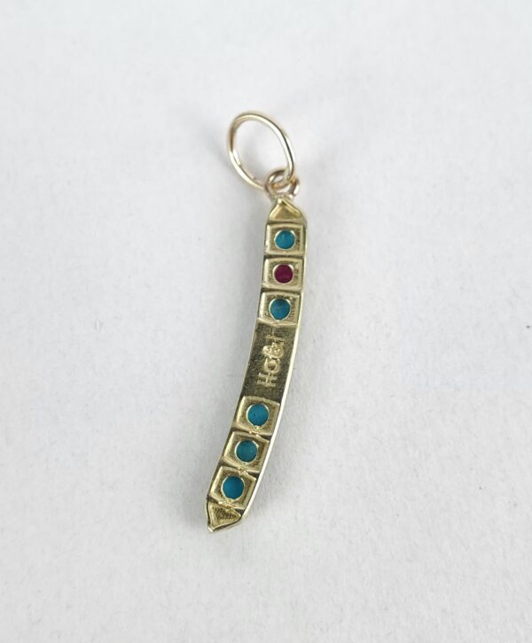14k Yellow Gold Turquoise Ruby Granulated Feather Stick Style Drop Pendant 1 1/8 - Image 5