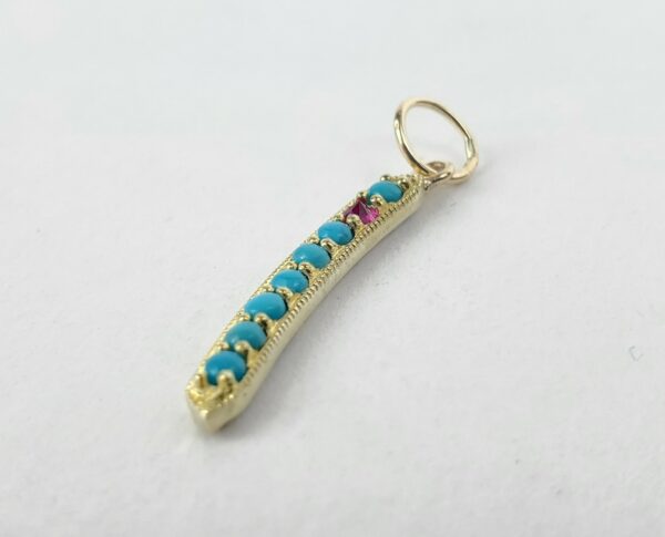 14k Yellow Gold Turquoise Ruby Granulated Feather Stick Style Drop Pendant 1 1/8 - Image 6