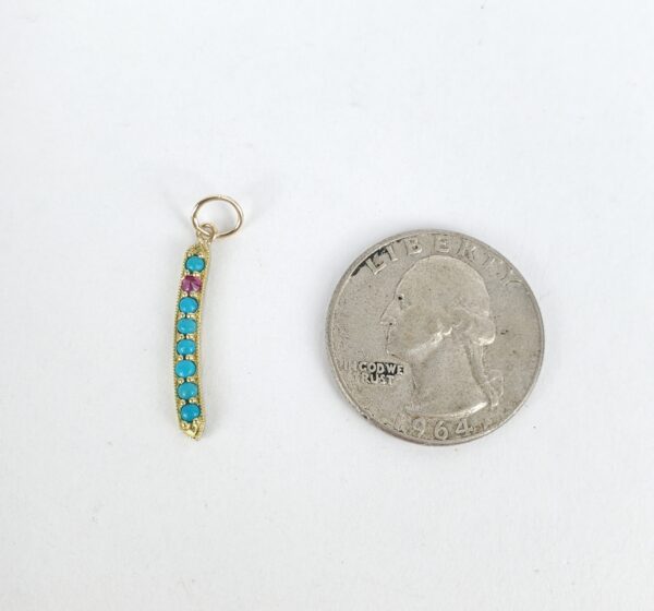14k Yellow Gold Turquoise Ruby Granulated Feather Stick Style Drop Pendant 1 1/8 - Image 7