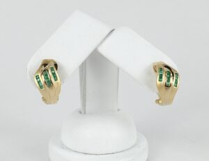 18k Yellow Gold .50ctw Natural Emerald Textured Half Huggie Leverback Earrings
