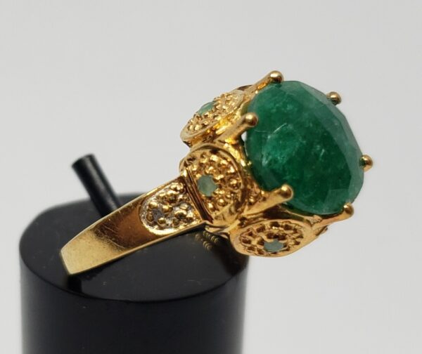 925 Sterling Silver Gold Tone Emerald Diamond Granulated Ring India 7.25'' - Image 4