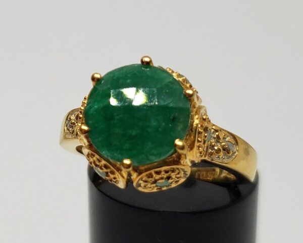 925 Sterling Silver Gold Tone Emerald Diamond Granulated Ring India 7.25''