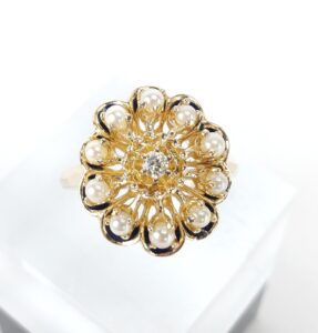 Vintage 14k Yellow Gold Diamond Halo Pearl Open Work Cocktail Ring 8.5''