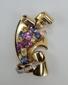 Vintage Retro 14k Yellow Gold 19.00ctw Unheated Colored Sapphire Pin Brooch