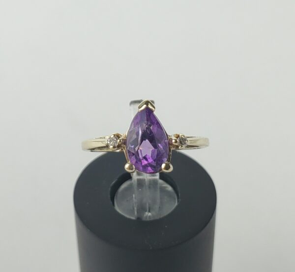 10k Yellow Gold Pear Amethyst Diamond Cockatil Band Pinky Style Ring 3'' - Image 3