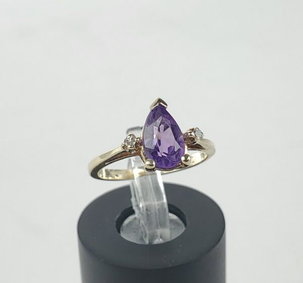 10k Yellow Gold Pear Amethyst Diamond Cockatil Band Pinky Style Ring 3'' - Image 4