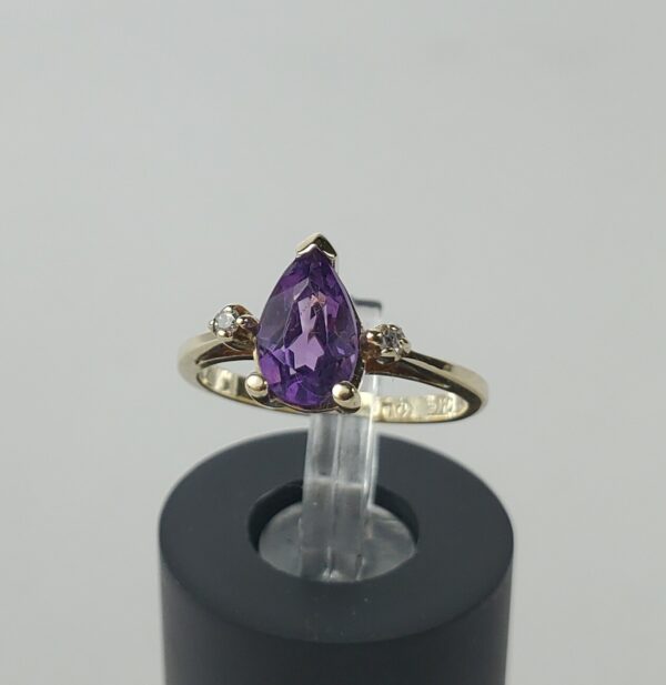 10k Yellow Gold Pear Amethyst Diamond Cockatil Band Pinky Style Ring 3'' - Image 5