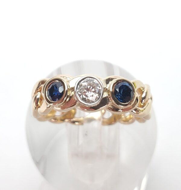 14k Multi-Tone Gold .48ctw Blue Sapphire Diamond Curb Link Band Ring 6.5'' - Image 3