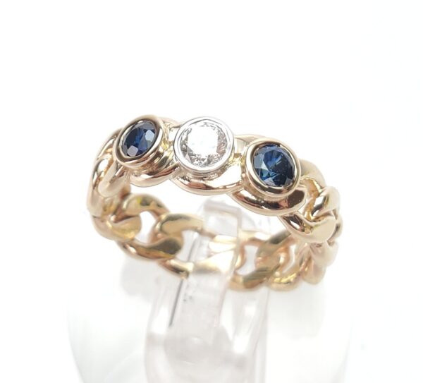 14k Multi-Tone Gold .48ctw Blue Sapphire Diamond Curb Link Band Ring 6.5'' - Image 4