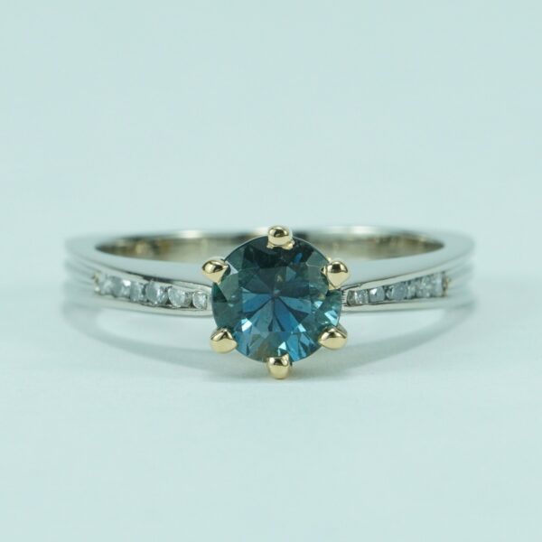 14k Two Tone White Yellow Gold Modern Unique London Blue Topaz Diamond Ring - Image 4