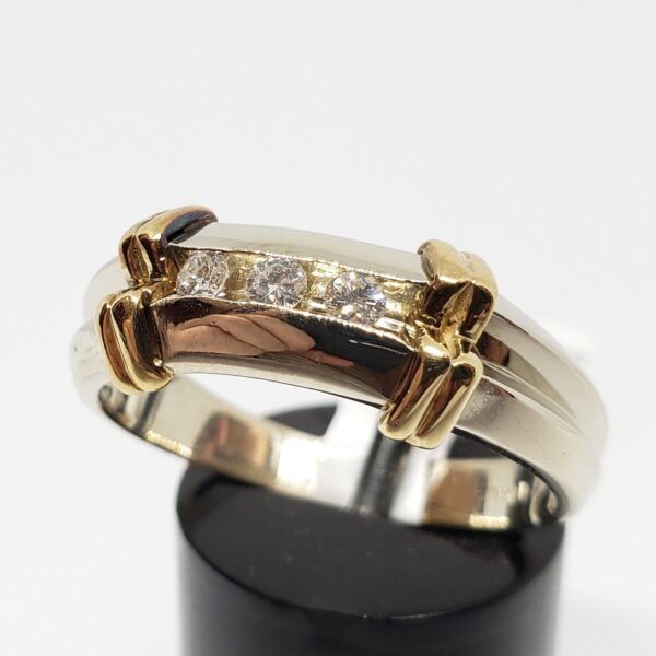 14k Two Tone White & Yellow Gold Natural Diamond Three 3 Stone Men's Ring - Image 3