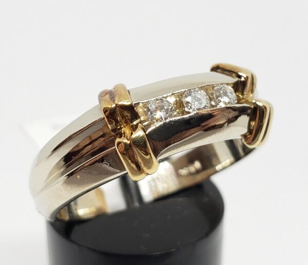 14k Two Tone White & Yellow Gold Natural Diamond Three 3 Stone Men's Ring - Image 4