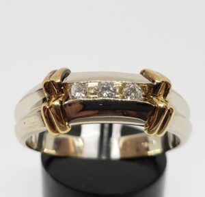 14k Two Tone White & Yellow Gold Natural Diamond Three 3 Stone Men's Ring