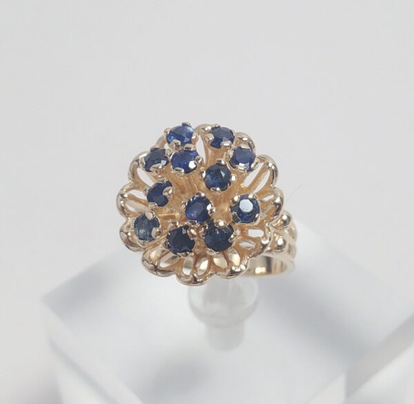 14k Yellow Gold 1.08ctw Blue Sapphire Cluster Flower Floral Cocktail Ring 5'' - Image 3