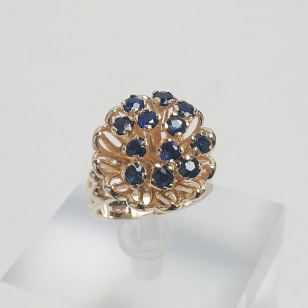 14k Yellow Gold 1.08ctw Blue Sapphire Cluster Flower Floral Cocktail Ring 5'' - Image 4