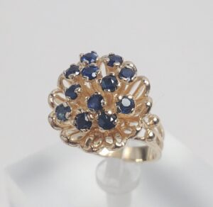 14k Yellow Gold 1.08ctw Blue Sapphire Cluster Flower Floral Cocktail Ring 5''