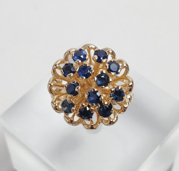 14k Yellow Gold 1.08ctw Blue Sapphire Cluster Flower Floral Cocktail Ring 5'' - Image 5