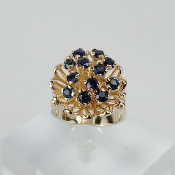 14k Yellow Gold 1.08ctw Blue Sapphire Cluster Flower Floral Cocktail Ring 5'' - Image 6