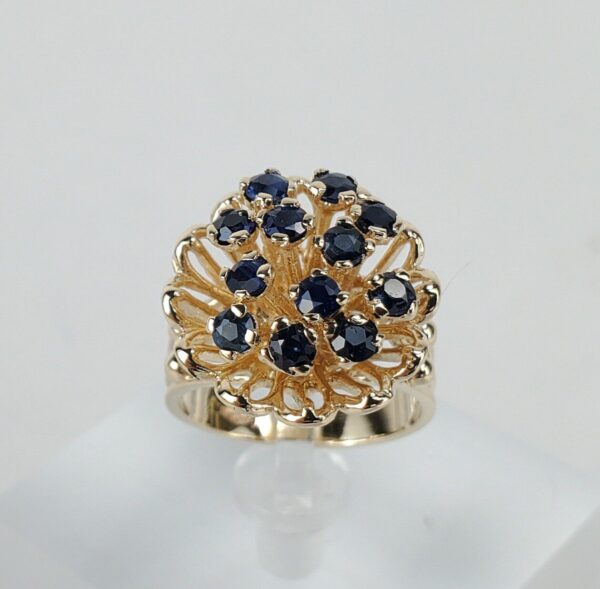14k Yellow Gold 1.08ctw Blue Sapphire Cluster Flower Floral Cocktail Ring 5'' - Image 7