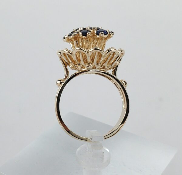14k Yellow Gold 1.08ctw Blue Sapphire Cluster Flower Floral Cocktail Ring 5'' - Image 10