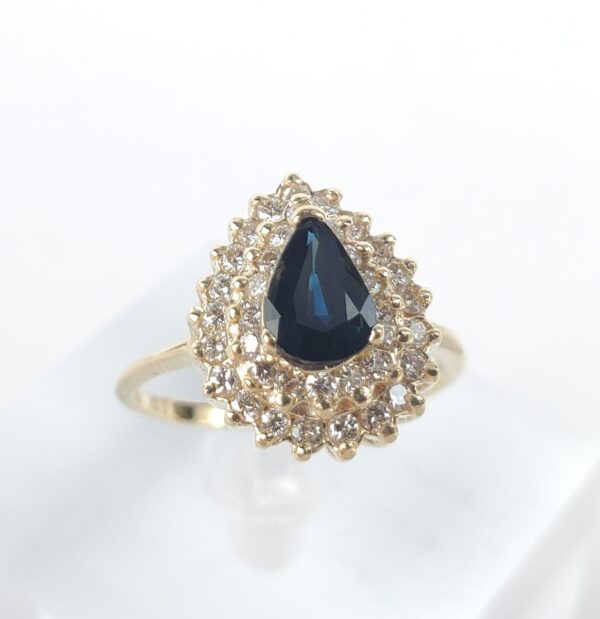 14k Yellow Gold 1.12ctw Pear Shape Blue Sapphire Diamond Double Halo Ring 6.75'' - Image 3