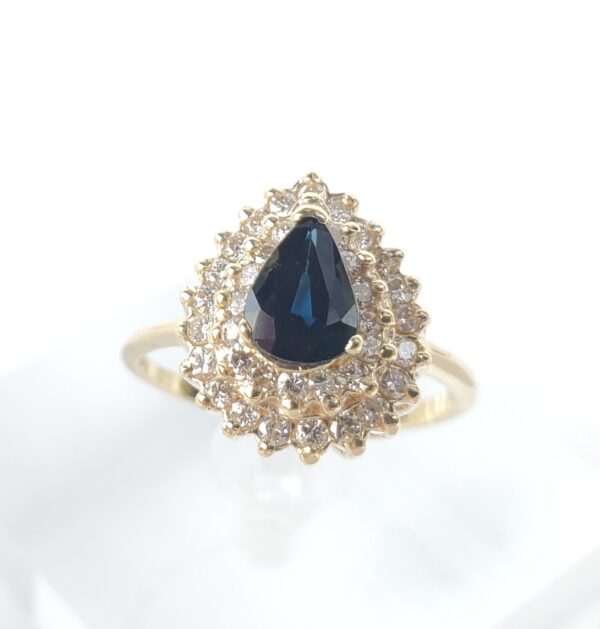 14k Yellow Gold 1.12ctw Pear Shape Blue Sapphire Diamond Double Halo Ring 6.75'' - Image 4