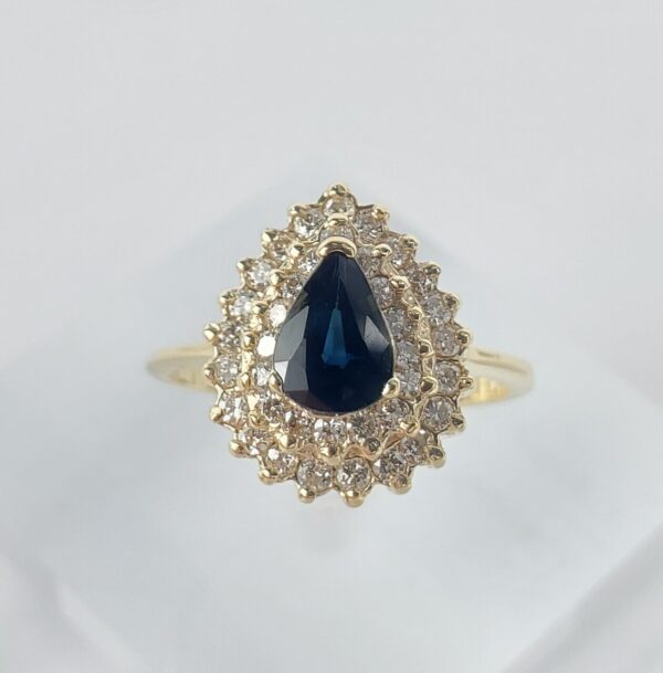 14k Yellow Gold 1.12ctw Pear Shape Blue Sapphire Diamond Double Halo Ring 6.75'' - Image 5
