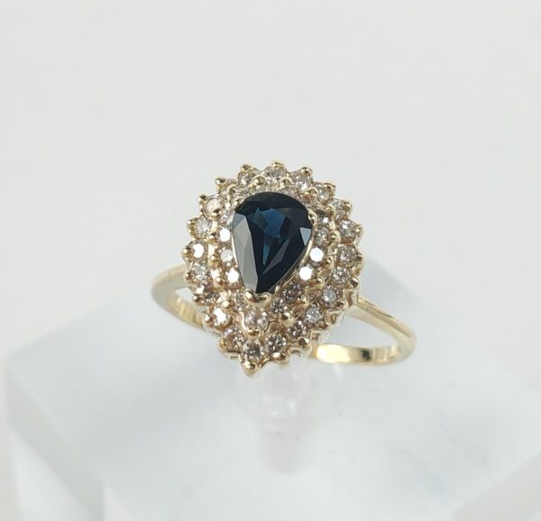 14k Yellow Gold 1.12ctw Pear Shape Blue Sapphire Diamond Double Halo Ring 6.75'' - Image 6