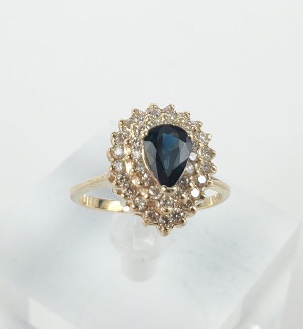 14k Yellow Gold 1.12ctw Pear Shape Blue Sapphire Diamond Double Halo Ring 6.75'' - Image 7