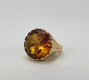14k Yellow Gold 35ct Lab Orange Sapphire Bark Style Solitaire Cocktail Ring