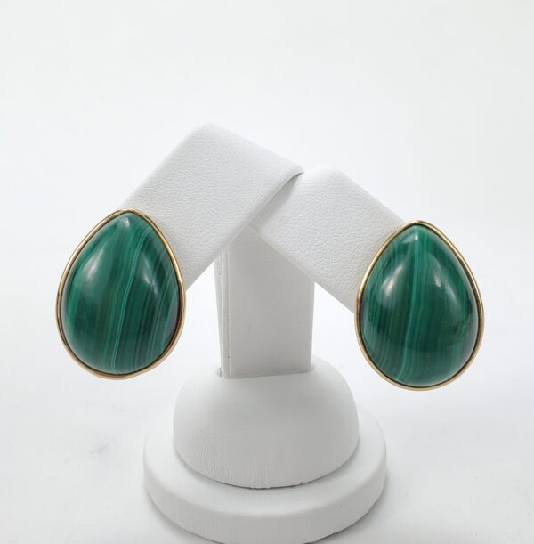 14k Yellow Gold 50.00ctw Bezel Set Malachite Pear Shape Cabochon Stud Earrings - Image 3