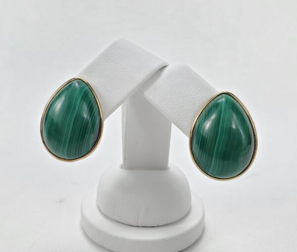 14k Yellow Gold 50.00ctw Bezel Set Malachite Pear Shape Cabochon Stud Earrings