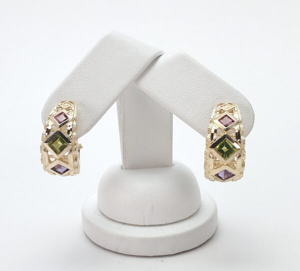 14k Yellow Gold Amethyst Peridot Citrine Omega Back Shrimp Style Earrings 7/8'' - Image 3