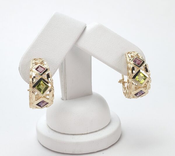 14k Yellow Gold Amethyst Peridot Citrine Omega Back Shrimp Style Earrings 7/8'' - Image 4