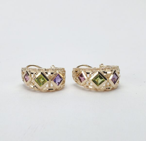 14k Yellow Gold Amethyst Peridot Citrine Omega Back Shrimp Style Earrings 7/8'' - Image 6