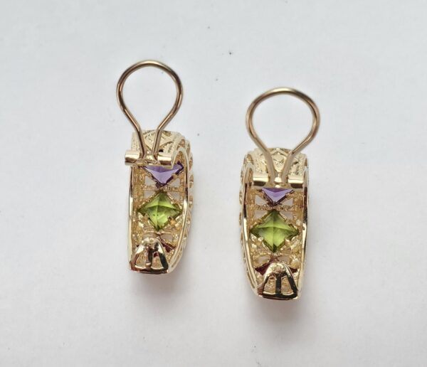 14k Yellow Gold Amethyst Peridot Citrine Omega Back Shrimp Style Earrings 7/8'' - Image 8