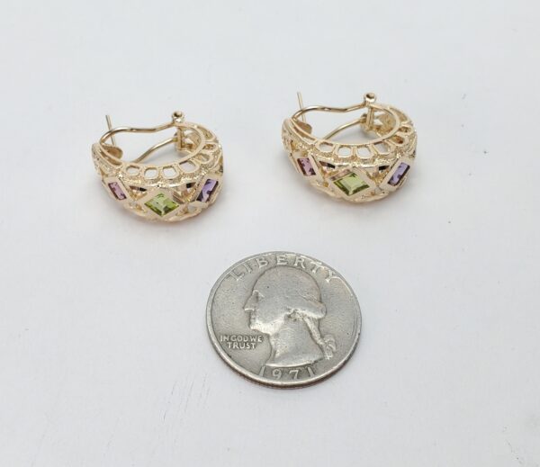 14k Yellow Gold Amethyst Peridot Citrine Omega Back Shrimp Style Earrings 7/8'' - Image 9