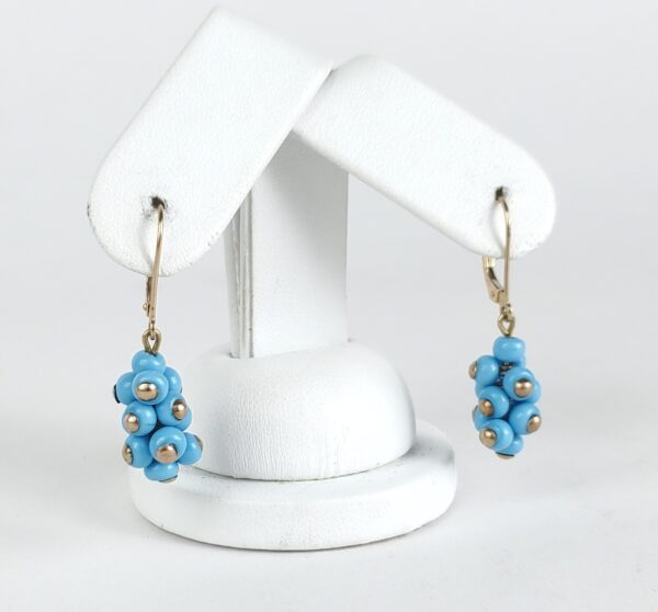 14k Yellow Gold Blue Bead Cluster Dangle Dangling Drop Earrings 1 3/8'' - Image 3