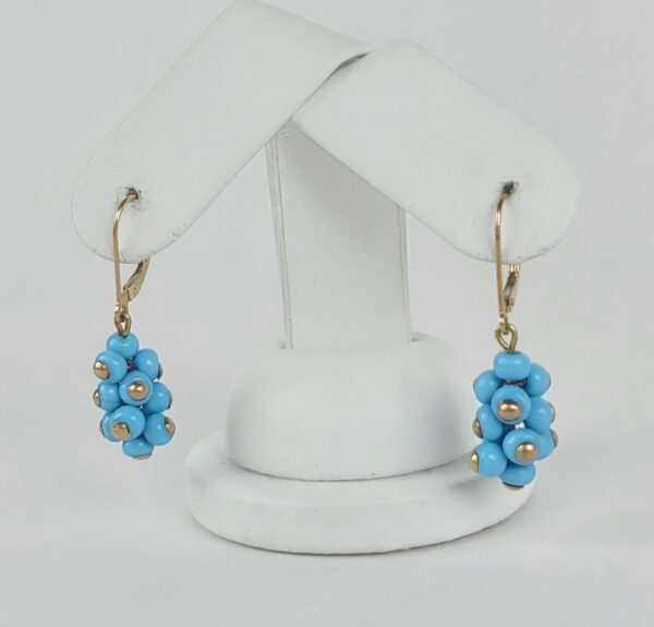 14k Yellow Gold Blue Bead Cluster Dangle Dangling Drop Earrings 1 3/8'' - Image 4