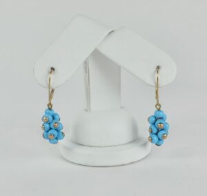 14k Yellow Gold Blue Bead Cluster Dangle Dangling Drop Earrings 1 3/8''