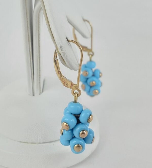 14k Yellow Gold Blue Bead Cluster Dangle Dangling Drop Earrings 1 3/8'' - Image 6