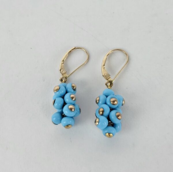 14k Yellow Gold Blue Bead Cluster Dangle Dangling Drop Earrings 1 3/8'' - Image 7